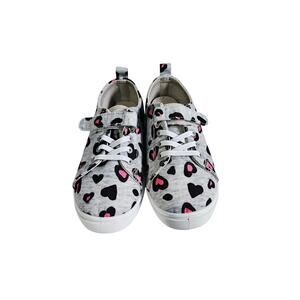 Fabkids Youth Size 12 Low Top Canvas Sneakers Gray Black Heart Animal Print